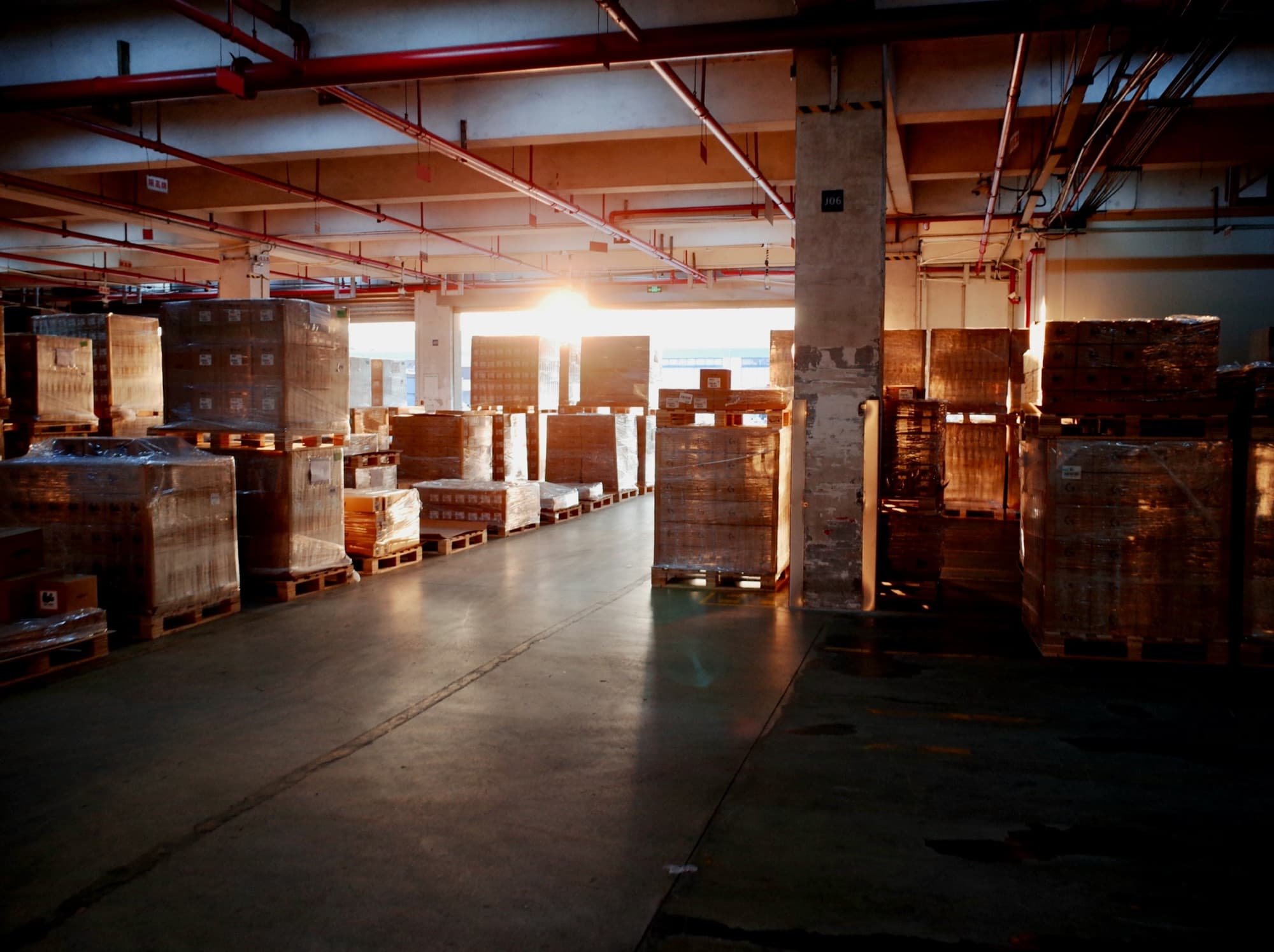 Stretch-wrapped pallets of boxed goods staged in a warehouse shipping area by an open dock door